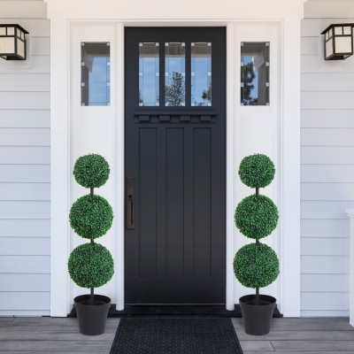 Outsunny Set of 2 Artificial Ball Boxwood Topiary Trees, 44.1" Fake Plants in Pots for Outdoor Indoor Decor, Dark Green