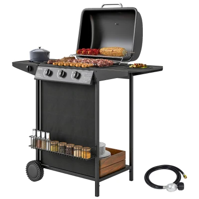 Outsunny 3+1 Burner Propane Gas BBQ Grill, Portable Gas Barbecue Grill with Side Burner, Thermometer, Lid, Side Table, Shelf, Spice Rack, Wheels, Grease Cup for Garden, Black