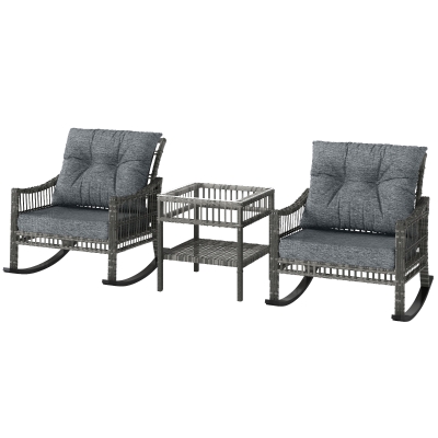 Outsunny 3 Piece Outdoor Rattan Rocker Chair Set with Table, Gray