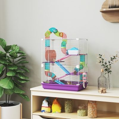 PawHut 5 Tiers Hamster Cage Portable with Exercise Wheels Play Tube Water Bottle Dishes House Ladder for Gerbils, Purple