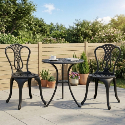 Outsunny 3 Pieces Antique Outdoor Bistro Set Cast Aluminum Patio Table and Chairs with Umbrella Hole, Black