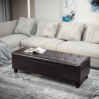 HOMCOM Storage Ottoman Bench, Foot Rest with Solid Wood Legs, 51 Inches PU Leather Storage Chest for Living Room, Brown