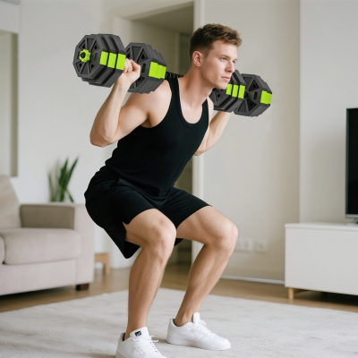 Soozier 6-in-1 Adjustable Dumbbell Set, Used as Kettlebell, Barbell, Dumbbell, Push-Up Stand, 55lbs Free Weights Set, Green
