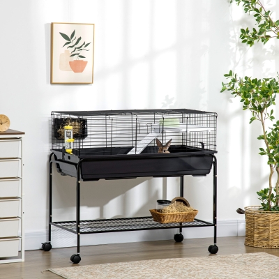 PawHut Small Animal Cage Deluxe Pet Habitat Rolling Rabbit Hutch for Bunny Guinea Pig Pet Mink Chinchilla