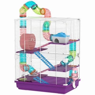 PawHut 5 Tiers Hamster Cage Portable with Exercise Wheels Play Tube Water Bottle Dishes House Ladder for Gerbils, Purple