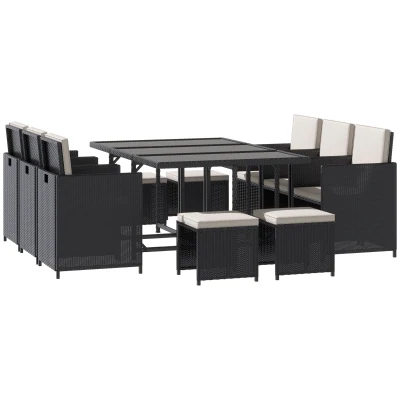 Outsunny 11 Pieces Wicker Patio Dining Set, Space-saving Outdoor Furniture Set with Removable Cushions, Glass Top Dining Table, 6 Armchairs, 4 Ottomans, PE Rattan Conversation Set