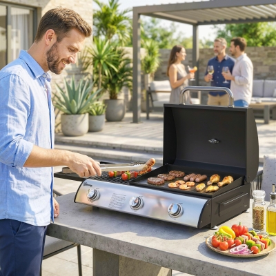Outsunny 3 Burner Portable Propane Gas Grill Griddle, Tabletop Grill & Griddle Combo with Adjustable Foot Pads, 28,500 BTU, Black