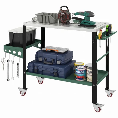 HOMCOM 2Tier Rolling Welding Table, Lockable Steel Heavy Duty Welding Workbench Table with Side Tray, Silver & Green