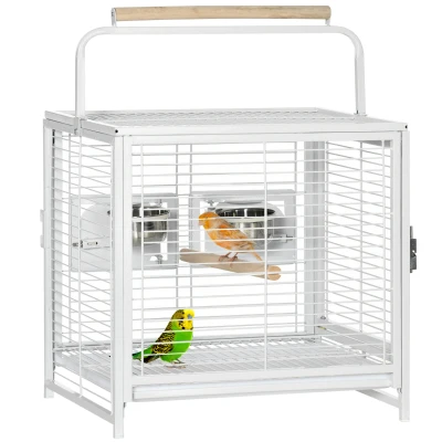 PawHut Bird Travel Carrier Cage, Portable Metal Bird Cage for Parrots Conures Cockatiel Parakeets with Stand Perch, Stainless Steel Bowls, Pull Out Tray, 19" x 15" x 26", White
