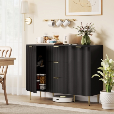 HOMCOM Modern Kitchen Storage Cabinet, Sideboard Buffet Cabinet w/ 3 Drawers and Adjustable Shelves for Kitchen Hallway, Black