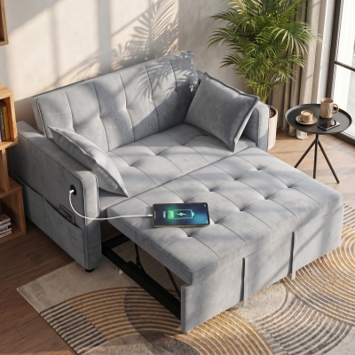 HOMCOM 3‑in‑1 Convertible Sofa Bed, Pull Out Sleeper Sofa with USB Charging, Adjustable Backrest, Side Pockets, Light Grey
