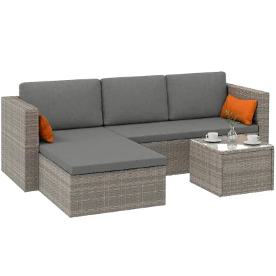 Outsunny 3-Piece Patio Furniture Set Modern Sectional Sofa Rattan Chair Wicker Conversation Set Outdoor Hand Woven Rattan Wicker Furniture Patio Coffee Table Sofa Set, Grey