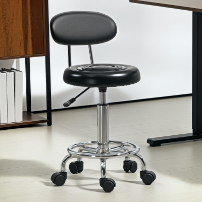 HOMCOM Adjustable Stool, Rolling Stool, 360° Rotate, with Backrest and Wheels, Black