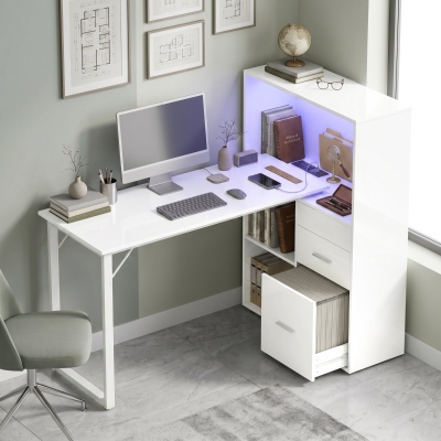 HOMCOM 54" Computer Desk with Drawers, Home Office Desk with Storage, Power Outlets and LED Lights, White