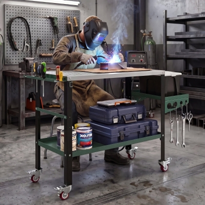 HOMCOM 2Tier Rolling Welding Table, Lockable Steel Heavy Duty Welding Workbench Table with Side Tray, Silver & Green