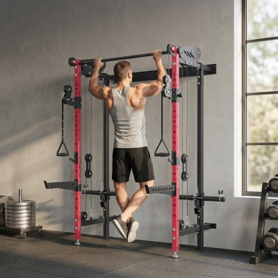 Soozier Foldable Power Cage, Space-Saving Power Rack with Pull-Up Bar, Cable Pulley System, 1540 lbs Capacity