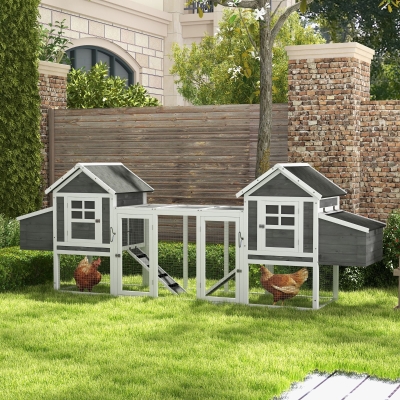 PawHut 123" Extra Large Chicken Coop Wooden Poultry House Rabbit Hutch Hen Backyard with Run Ramps and Nesting Boxes, Grey