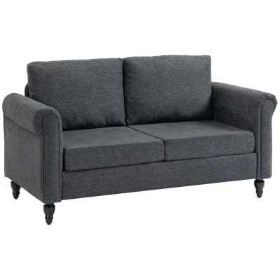 HOMCOM Vintage Loveseat, Upholstered Love Seat Furniture, Chenille-feel Fabric 2 Seater Sofa Couch with Rolled Arms, Gourd-Shaped Rubber Wood Legs for Living Room, Dark Grey