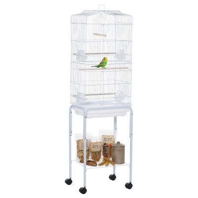 PawHut 62" Rolling Bird Cage Cockatoo House Play Top Finch Pet Supply with Storage Shelf, Wheels - White