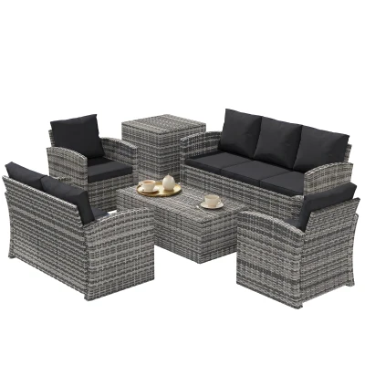 Outsunny 6 Pieces Wicker Patio Furniture Set with Cushions, 7-Seater Rattan Patio Sofa Set with Storage Table, Black