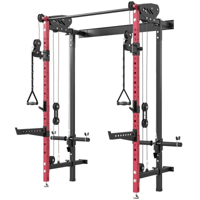 Soozier Foldable Power Cage, Space-Saving Power Rack with Pull-Up Bar, Cable Pulley System, 1540 lbs Capacity
