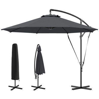Outsunny 9.5' Cantilever Umbrella with Wind Protection Strap and Cover, Hanging Umbrella with Crank and Cross Base, UPF 50+, Grey