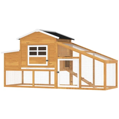 PawHut 79" Wooden Chicken Coop, Outdoor Hen House, Poultry Habitat with Removable Tray, Nesting Box, Run, Ramp, Brown