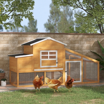 PawHut 79" Wooden Chicken Coop, Outdoor Hen House, Poultry Habitat with Removable Tray, Nesting Box, Run, Ramp, Brown