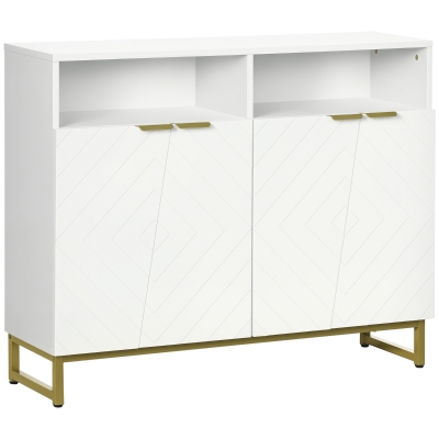 HOMCOM Accent Sideboards, Kitchen Storage Cabinet with 4 Doors, Adjustable Shelves, Metal Base for Living Room, Hallway, White