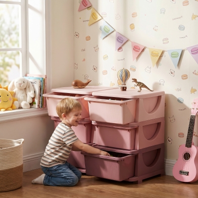 Qaba 3 Tier Kids Toy Organizer and Storage Bins with 6 Plastic Drawers, Pink