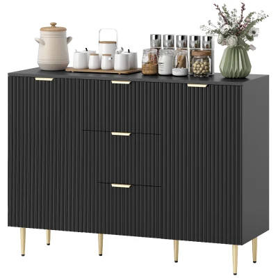 HOMCOM Modern Kitchen Storage Cabinet, Sideboard Buffet Cabinet w/ 3 Drawers and Adjustable Shelves for Kitchen Hallway, Black