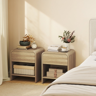 HOMCOM Nightstand Set of 2, Modern Bedside Table with Rounded Corners, Nightstand with Drawer and Open Shelf, Natural Wood