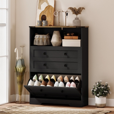 HOMCOM Shoe Cabinet with 2 Flip Drawers, Narrow Shoe Storage Cabinet, Black