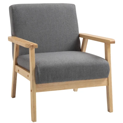 HOMCOM Minimalistic Accent Chairs Wood Frame w/ Thick Linen Cushions Wide Seat Armchair for Bedroom Office, Grey