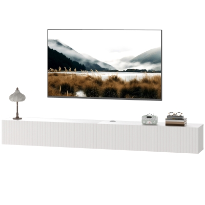HOMCOM 71" Floating TV Stand for TVs up to 72 Inch, Wall Mount Media Console with 2 Fluted Flip-Down Doors, Cable Hole, White