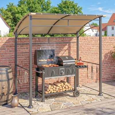 Outsunny 7' x 5' BBQ Grill Gazebo Tent, Garden Grill Canopy with Steel Frame and Hooks, Outdoor Sun Shade, Khaki