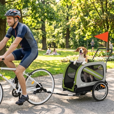 PawHut Dog Bike Trailer, 2-in-1 Dog Wagon Pet Stroller for Travel with Universal Wheel Reflectors Flag, Green