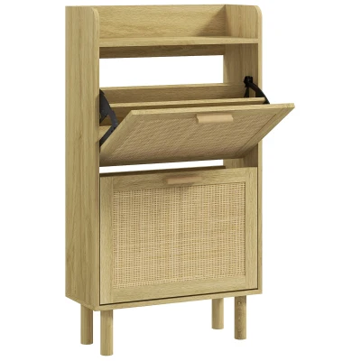 HOMCOM Slim Shoe Storage with 2 Flip Drawers and Adjustable Shelves, Rattan Shoe Cabinet Organizer for 12 Pair, Oak