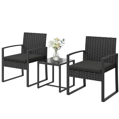 Outsunny Outdoor Bistro Set, 3 Piece Wicker Patio Furniture Set with Glass Top Table and Cushions for Porch, Balcony, Black