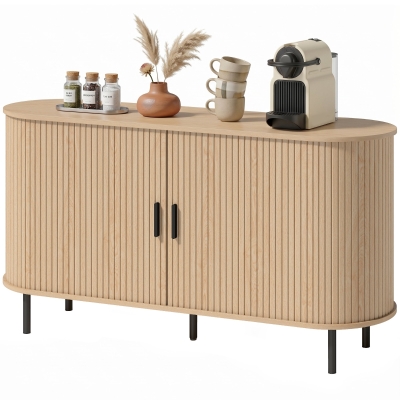HOMCOM Fluted Sideboard Buffet Cabinet, 55" Mid Century Coffee Bar Cabinet with Sliding Doors and Adjustable Shelves, Natural