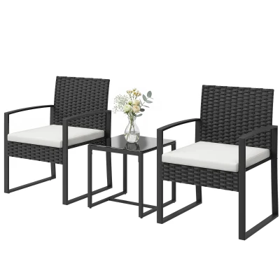 Outsunny Outdoor Bistro Set, 3 Piece Wicker Patio Furniture Set with Glass Top Table and Cushions for Porch, Balcony, Cream White