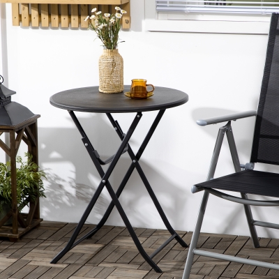 Outsunny Folding Outdoor Coffee Table, 23.6" Round Patio Table with Wood-Effect HDPE Top for Balcony, Garden, Backyard, Dark Grey