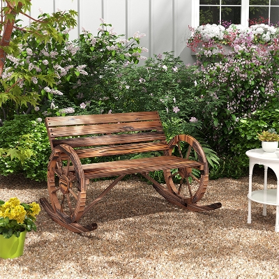 Outsunny Rocking Outdoor Bench, Wood Outdoor Loveseat with Wagon Wheel Armrests, Carbonized