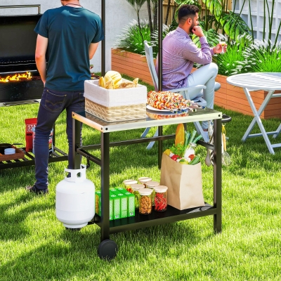 Outsunny Outdoor Grill Dining Cart with Stainless Steel Tabletop, 2-Shelf BBQ Movable Pizza Oven Stand with Wheels, Charcoal Grey