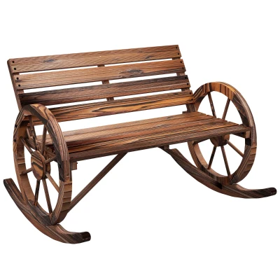 Outsunny Rocking Outdoor Bench, Wood Outdoor Loveseat with Wagon Wheel Armrests, Carbonized