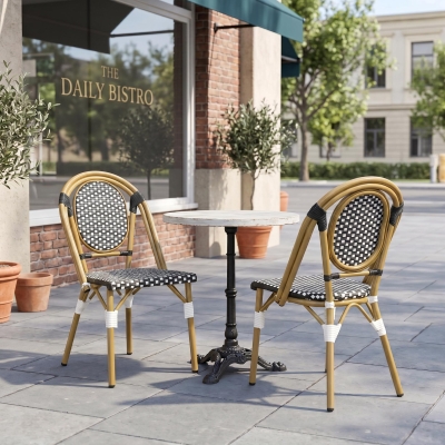 Weather-Resistant Dining Chairs with Lightweight Aluminum Frame, Set of 2 Bistro Chairs with Bamboo-Print Finish, 18.5'' L x 21.5'' W x 34.5'' H, White+Black