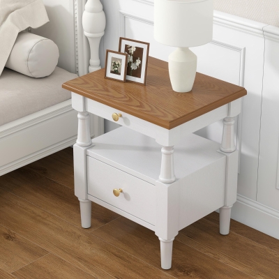 Set of 2 Modern Nightstand with Drawers and Open Shelves, Wooden Bedside Tables with Non‑Slip Rubber Feet, 19'' L x 15'' W x 22.5'' H, Milk White