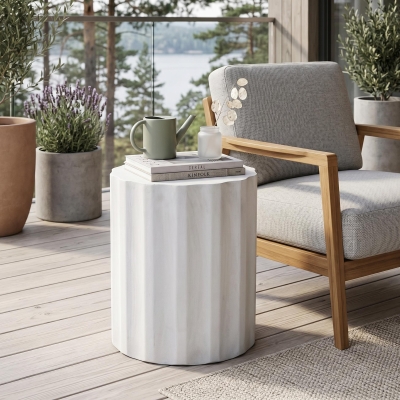 Outdoor Concrete Side Table with Subtly Fluted Cylindrical Base, Cylindrical Accent Table with Soft Wave Edge, 15.5'' L x 15.5'' W x 18'' H, Antique White