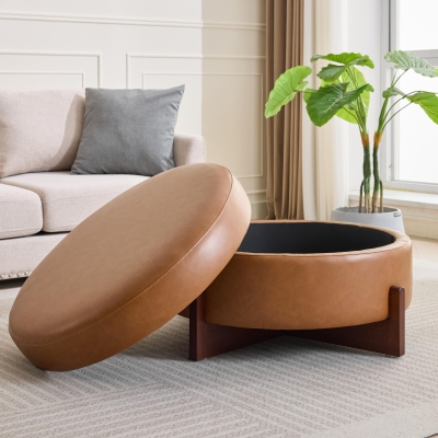 Round Storage Ottoman with Tufted Fabric Upholstery, Multi-Functional Coffee Table with Solid Wood Legs, 32'' L x 32'' W x 17.5'' H, Brown