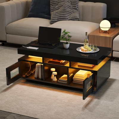 High Gloss Coffee Table with App-Controlled LED Light Strip, Functional Center Table with 2 Soft-Close Acrylic Cabinets, 39.5" L x 19.5" W x 17" H, Black